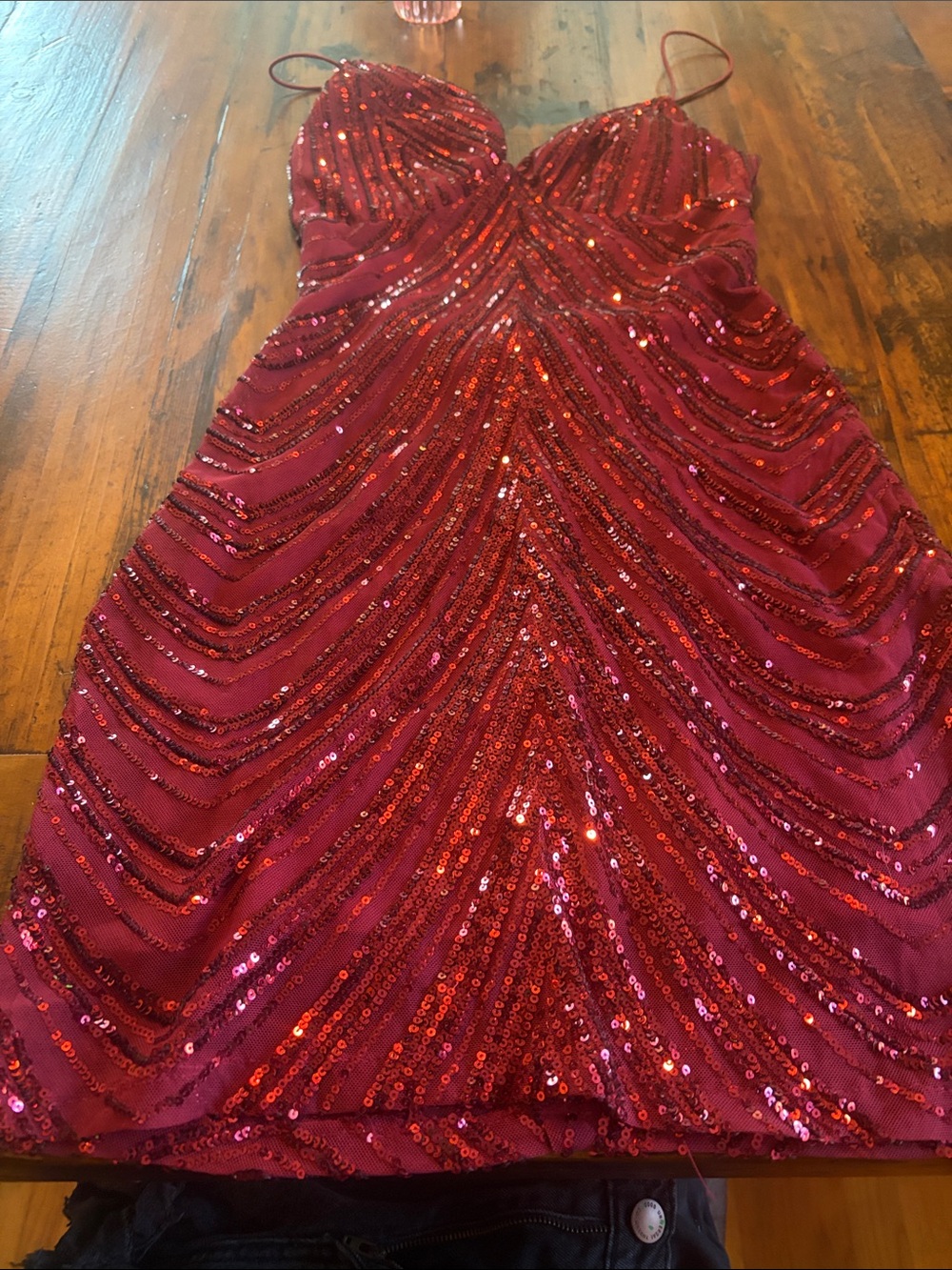 Junior’s Red Sequin Spaghetti Strap Dress